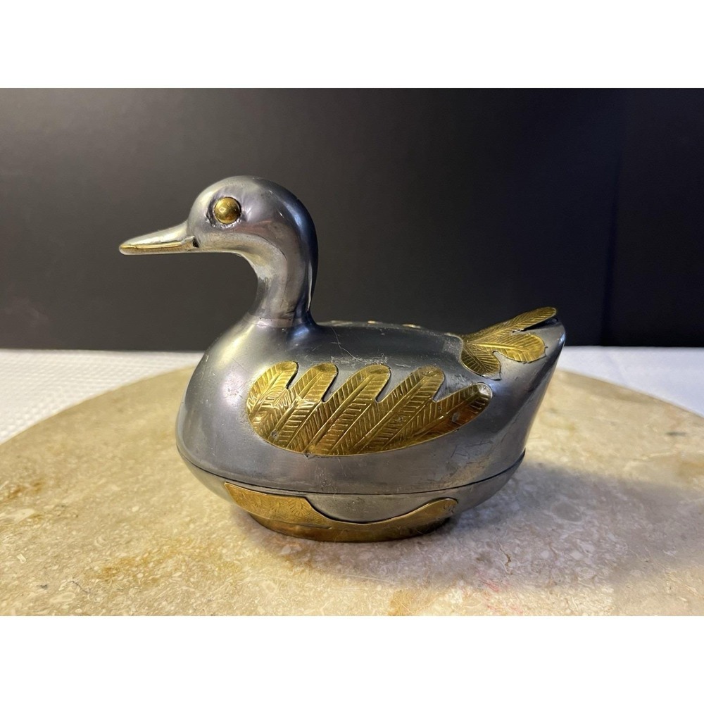 Vintage 1970's Pewter Duck Trinket Box with Brass Overlay Hong Kong